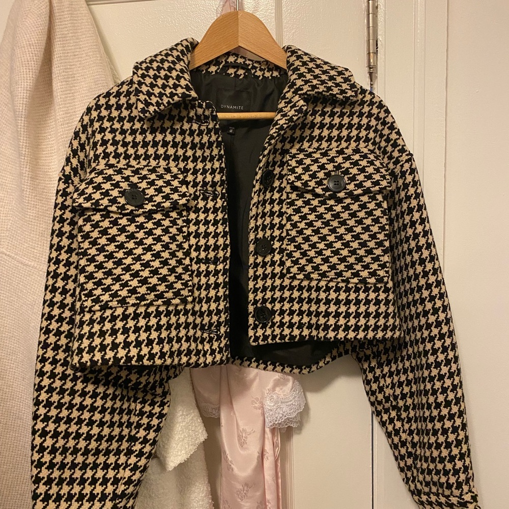 Houndstooth cropped blazer jacket with lapel - Picture 5 of 7